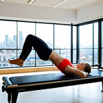 ** A dynamic Pilates instructor demonstrating a core-strengthening exercise on a reformer, in a bright, modern studio with large windows overlooking a cityscape. Focus on proper form and technique, using natural lighting.

**
