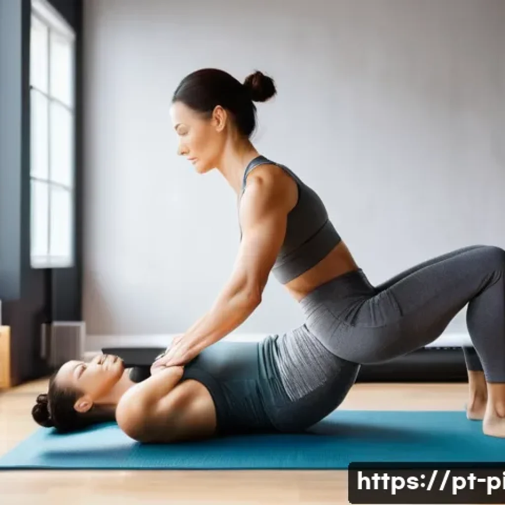 필라테스 강사 취업 성공 팁 - **Prompt:** A focused and dedicated female Pilates instructor, mid-30s, with short dark hair, wearin...