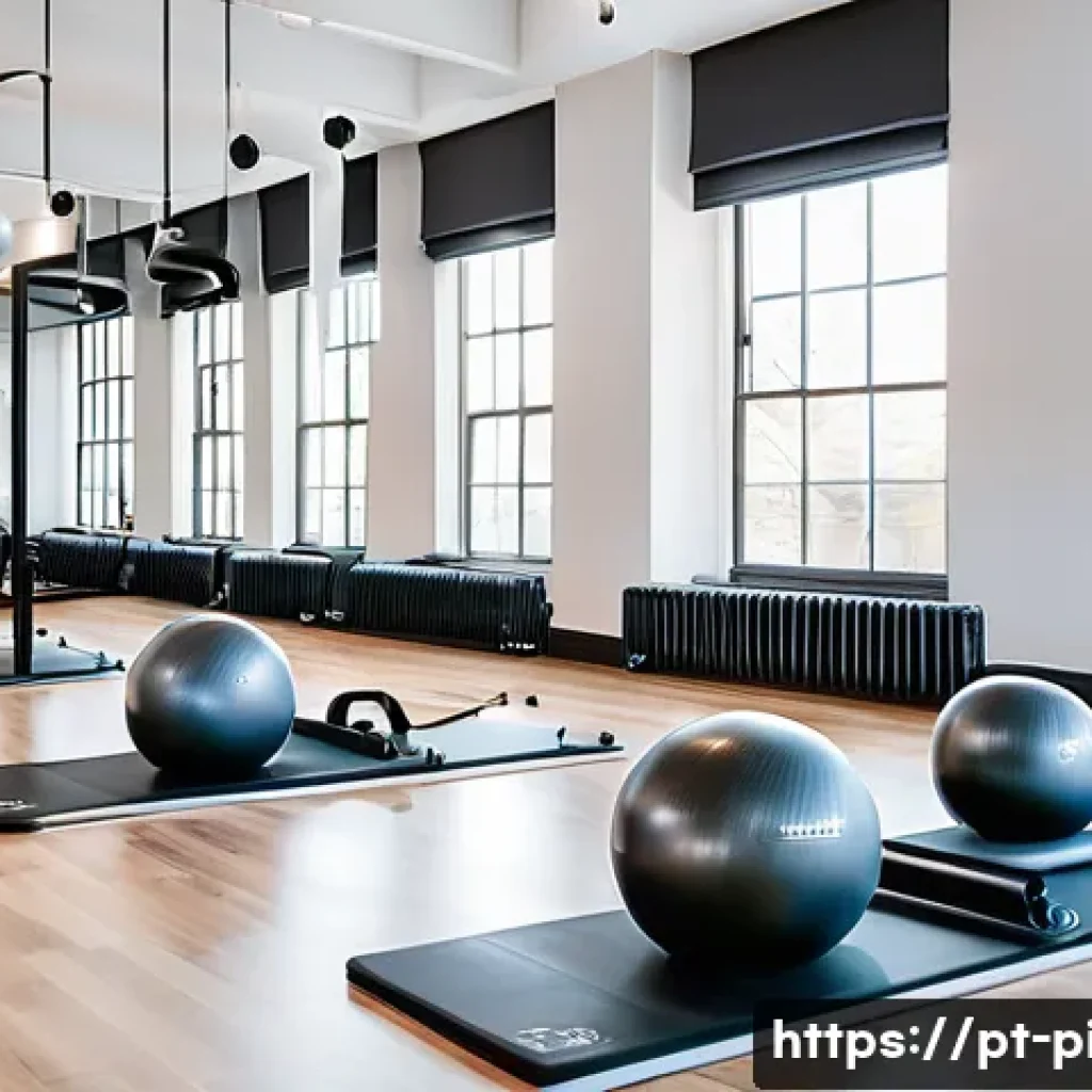 필라테스 강사와 운동 트렌드 분석 - A bright, modern Pilates studio featuring a diverse group of adult students performing functional Pi...