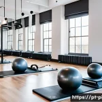 Home 20 필라테스 강사와 운동 트렌드 분석 - A bright, modern Pilates studio featuring a diverse group of adult students performing functional Pi...