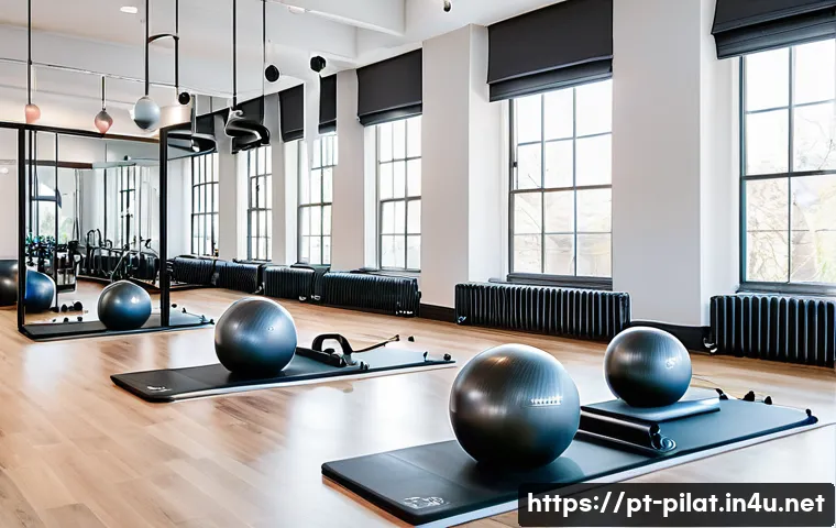 필라테스 강사와 운동 트렌드 분석 - A bright, modern Pilates studio featuring a diverse group of adult students performing functional Pi...
