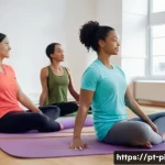 Home 19 필라테스 강사 리더십 개발 - A diverse group Pilates class in a bright, modern studio with natural light, featuring an instructor...