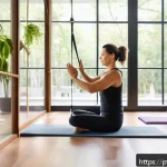 Home 18 필라테스 강사 수업 평가 - A serene Pilates studio with warm natural light filtering through large windows, showing a diverse g...