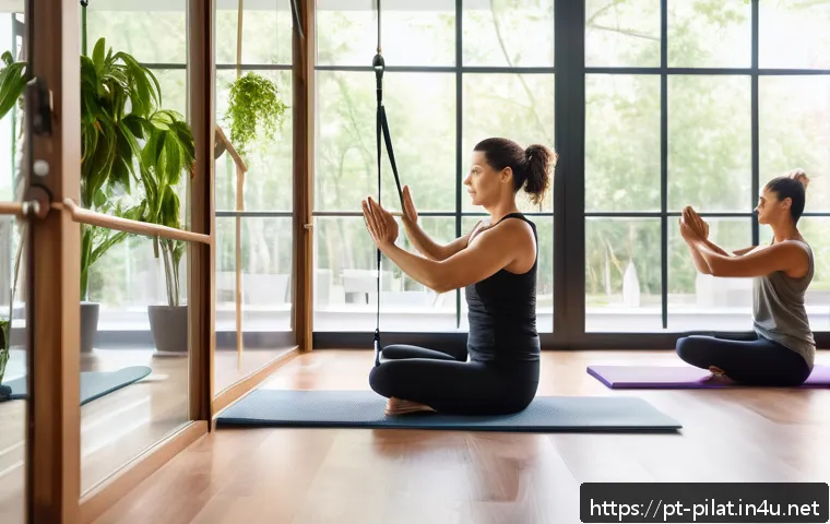 필라테스 강사 수업 평가 - A serene Pilates studio with warm natural light filtering through large windows, showing a diverse g...