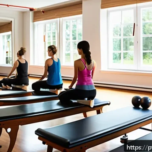 Home 17 필라테스 강사 초보자를 위한 가이드 - A serene Pilates studio interior featuring natural light streaming through large windows, wooden flo...
