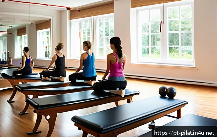 필라테스 강사 초보자를 위한 가이드 - A serene Pilates studio interior featuring natural light streaming through large windows, wooden flo...